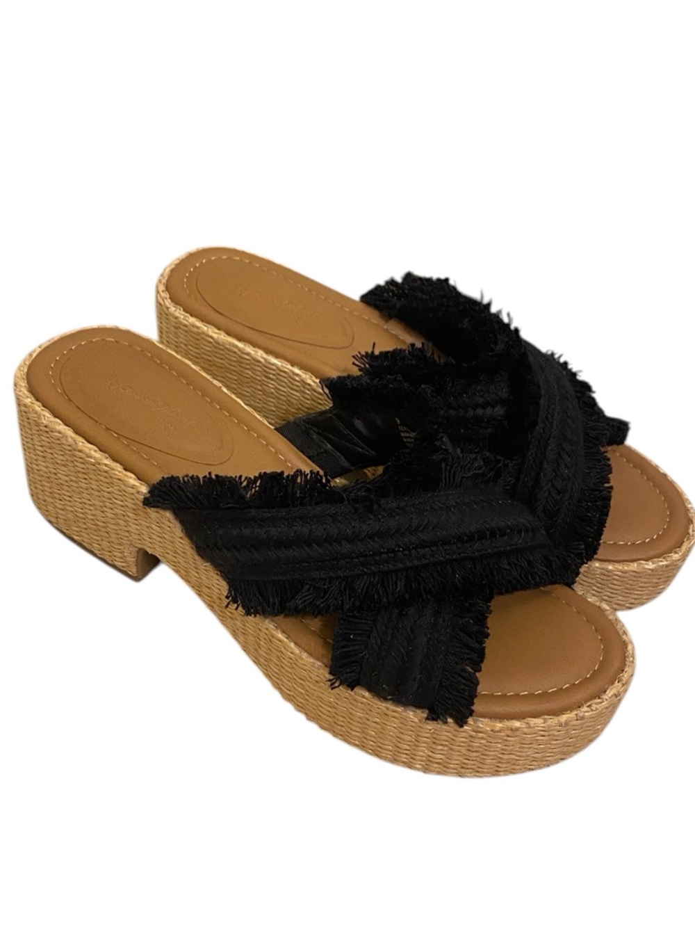 UNIVERSAL THREAD BLACK PLATFORM BOHO HEELS FESTIVAL RAFIA SLIDES SIZE 9 SANDALS